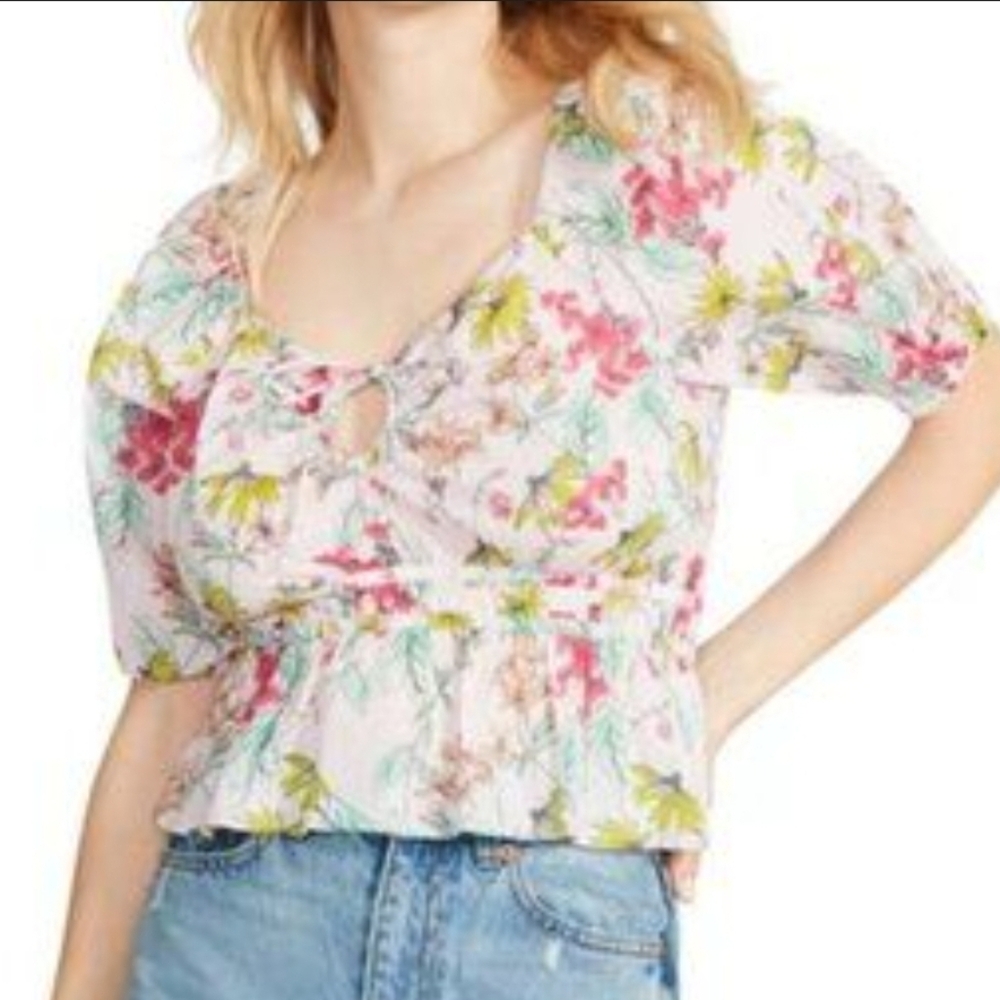 Steve Madden Women’s Floral Puff Sleeve Peplum Crop Top In Pink Botanical Medium